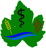 Logo mit Weinblatt, Ähre, Äskulapstab und Rebe